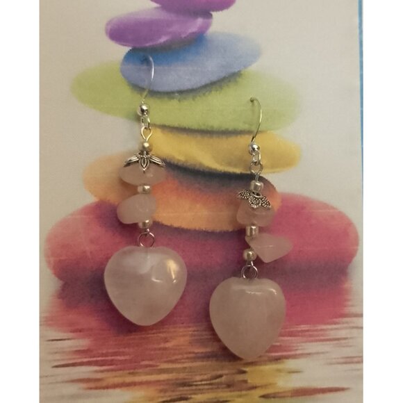 ROSE QUARTZ EARRINGS, HEARTS, SILVERY BALI STYLE ACCENTS - Picture 4 of 7